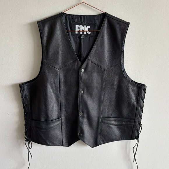 FMC Mens Snap Up Leather Biker's Vest Black Size 50 - Picture 1 of 8